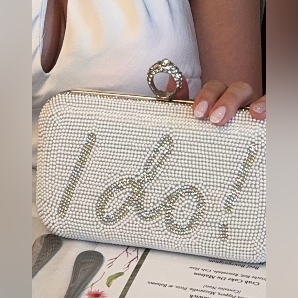 I do! Bridal shower bachelorette bride wedding white sparkle clutch